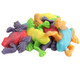 Assorted Gummy Rainforest Frogs. Dual-color, 3-inch sweet, tart frogs: blue/orange, red/purple, yellow/green candy.