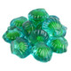 Blue 3D gummy seashells, intricate shapes, raspberry jelly-filled centers, approx 90 per pound.