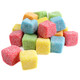 Sour Gummy Cubes. Colorful, vibrant mix of red, green, orange, blue, yellow gummy cubes coated in tangy sour sugar.