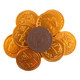 Gleaming copper foil wrapped chocolate coins, rich creamy milk chocolate candy treats for parties, elegant presentation.