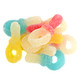 Vibrant red, yellow, blue gummy pacifiers, soft, chewy, strawberry, raspberry, pineapple flavors.