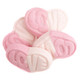 Beautiful red and white, dual-colored Swedish style strawberry vanilla gummy hearts. Approx. 50 per pound.