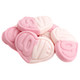Red, white Swedish Style strawberry vanilla gummy hearts, approx 50 per pound, soft chew.