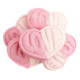 Dual-colored red and white Swedish Style Strawberry Vanilla gummy hearts, approx. 50 per pound.
