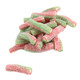 Close-up of Fini Sour Strawberry Apple licorice candy twists highlighting the red and green spiral pattern heavily dusted in fine sour sugar crystals