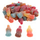 A close-up view of sour-sanded Haribo soda gummy bottles in Lemon-Strawberry, Peach-Blue Raspberry, and Cherry-Cola flavors