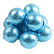 A bulk arrangement of round milk chocolate balls individually wrapped in shiny light blue metallic foil