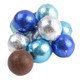 an unwrapped chocolate ball alongside foil wrapped solid milk chocolate spheres in blue silver and tourqiouse giving a wintery appearancy