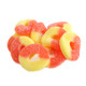 Vibrant orange and yellow gummy Peach Rings candy with sour sugar coating, approx. 60 rings per pound, USA made