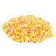 A bulk arrangement of vibrant yellow, bright orange, and white nonpareil sprinkle beads mixed together