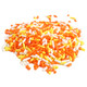 A bulk arrangement of vibrant yellow, bright orange, and white sprinkle beads mixed together