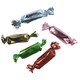 Assorted foil wrapped toffee, soft creamy candy in multiple bright colors, chocolate, vanilla, strawberry, rum, green apple flavors.