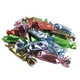 Assorted foil wrapped toffee, ~66 pieces, bright multi-colored wrappers, chocolate, vanilla, strawberry, rum, green apple.