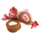 Goetze's Bulls Eye Caramel Creams, chewy round brown caramel candies with white vanilla centers, approx 40 per pound.