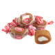Goetze's Bulls Eye Caramel Creams, creamy brown caramel exterior, white vanilla cream center, approx 40 per pound.