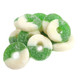 Albanese Gummy Apple Rings, green and white, sugar-coated, with delicious apple flavor. Approx 65 rings per pound.