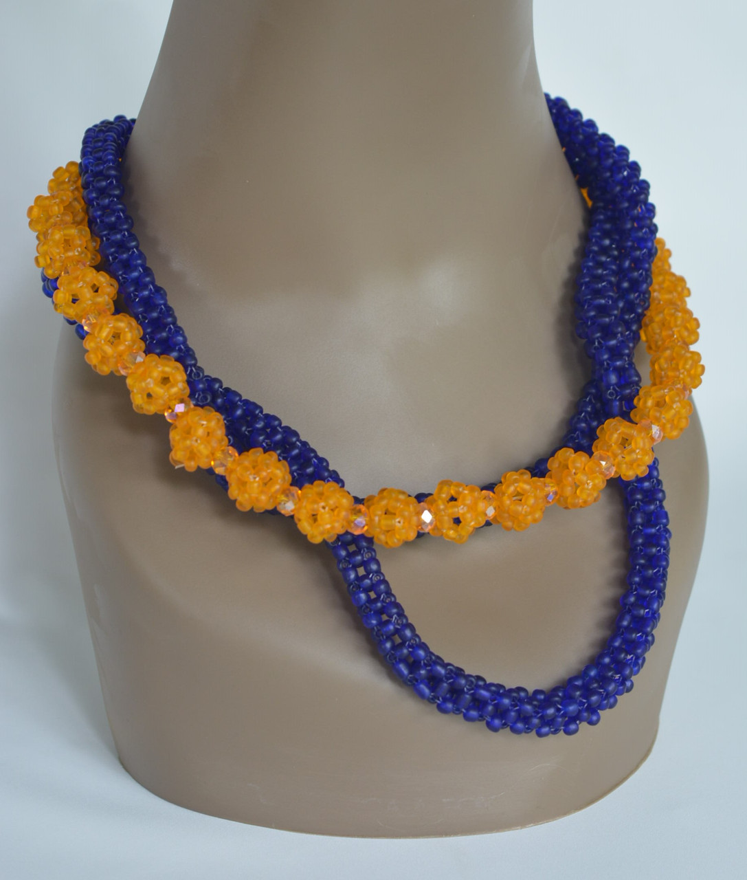 Bridal Frosted Beads & Cystals Necklace - Royal Blue & Orange