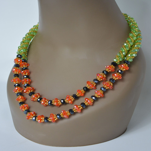 Double Strand Necklace - Orange, Black, Green & Gold