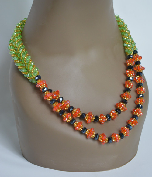 Double Strand Necklace - Orange, Black, Green & Gold