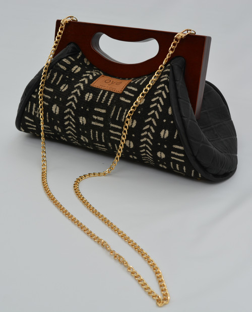 Awo - Black Mudcloth with Black Leather Handbag