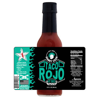 Image showcasing the Danny Cash bottle on a white background with a superimposed label, highlighting every aspect of the label design, presenting various elements of this vibrant and flavorful Taco Rojo Hot Sauce.