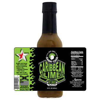 Image showcasing the Danny Cash bottle on a white background with a superimposed label, highlighting every aspect of the label design, presenting various elements of this vibrant and flavorful Caribbean Lime Hot Sauce.