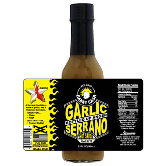Image showcasing the Danny Cash bottle on a white background with a superimposed label, highlighting every aspect of the label design, presenting various elements of this vibrant and flavorful Garlic Serrano Hot Sauce.