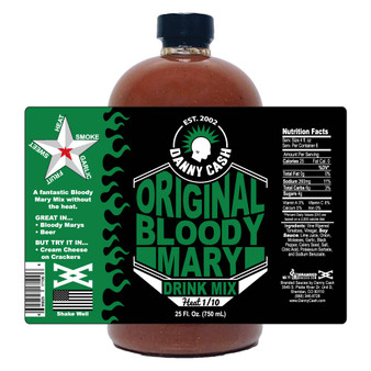 Image showcasing the Danny Cash bottle on a white background with a superimposed label, highlighting every aspect of the label design, presenting various elements of this vibrant and flavorful Original Bloody Mary.