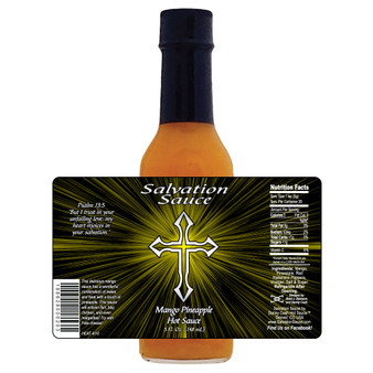 Salvation Sauce Mango Pineapple Hot Sauce showcases its divine label design, featuring rich biblical themes and a prominent Bible verse. The bottle stands boldly against a crisp white background, highlighting every captivating detail.