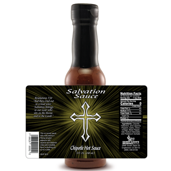 Salvation Sauce Chipotle Hot Sauce bottle showcases its divine label design, featuring rich biblical themes and a prominent Bible verse. The bottle stands boldly against a crisp white background, highlighting every captivating detail.