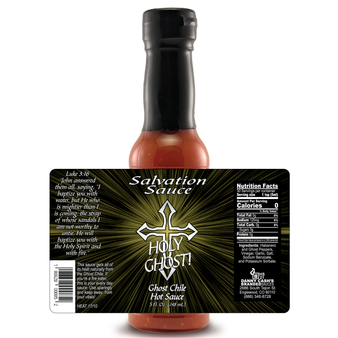Salvation Sauce "HOLY GHOST" Ghost Chile & Garlic Hot Sauce bottle showcases its divine label design, featuring rich biblical themes and a prominent Bible verse. The bottle stands boldly against a crisp white background, highlighting every captivating detail.