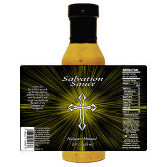 Salvation Sauce Habanero Mustard bottle showcases its divine label design, featuring rich biblical themes and a prominent Bible verse. The bottle stands boldly against a crisp white background, highlighting every captivating detail.