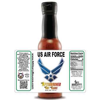 Image presenting the Military Sauces - US Air Force - Afterburner Hot Sauce bottle on a white background with a superimposed label, showcasing every aspect of the label design, emphasizing the unique Beer Mustard Wing Sauce tailored for military organizations.