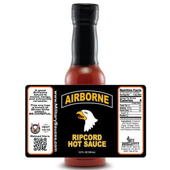 Image presenting the Military Sauces - Airborne - Ripcord Hot Sauce bottle on a white background with a superimposed label, showcasing every aspect of the label design, emphasizing the unique Beer Mustard Wing Sauce tailored for military organizations.