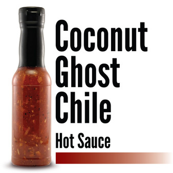 Image displaying the Branded Sauces' Coconut Ghost Hot Sauce bottle against a white background, showcasing the product's vibrant color and featuring the product name in the image, but without a label.