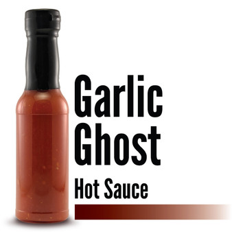 Image displaying the Branded Sauces' Garlic Ghost Hot Sauce bottle against a white background, showcasing the product's vibrant color and featuring the product name in the image, but without a label.