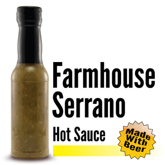 Image displaying the Branded Sauces' Farmhouse Ale Serrano bottle against a white background, showcasing the product's vibrant color and featuring the product name in the image, but without a label.