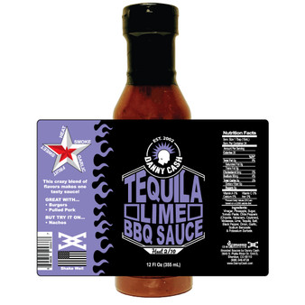 Image showcasing the Danny Cash bottle on a white background with a superimposed label, highlighting every aspect of the label design, presenting various elements of this vibrant and flavorful Tequila Pineapple BBQ sauce.