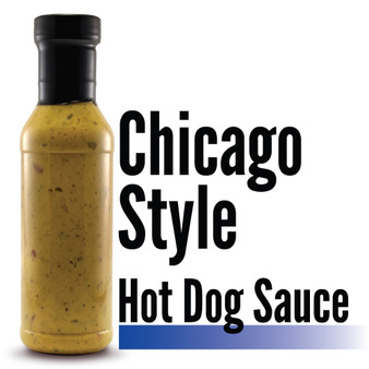 Image displaying the Branded Sauces' Chicago Style Hot Dog Sauce bottle against a white background, showcasing the product's vibrant color and featuring the product name in the image, but without a label.