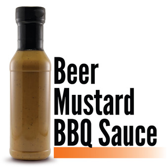 Image displaying the Branded Sauces' Beer Mustard BBQ Sauce bottle against a white background, showcasing the product's vibrant color and featuring the product name in the image, but without a label.