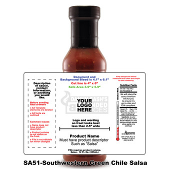 Image showcasing Branded Sauces' Southwestern Green Chile Salsa bottle with a mock label superimposed over it, displaying design details and nutritional information, providing a template for customization while allowing for unique branding needs.