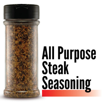 Image displaying the Branded Sauces' All Purpose Steak Seasoning bottle against a white background, showcasing the product's vibrant color and featuring the product name in the image, but without a label.