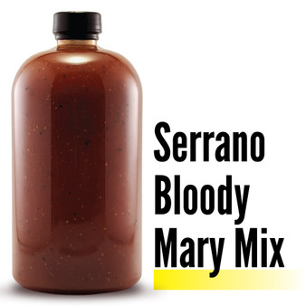 Image displaying the Branded Sauces' Serrano Bloody Mary bottle against a white background, showcasing the product's vibrant color and featuring the product name in the image, but without a label.