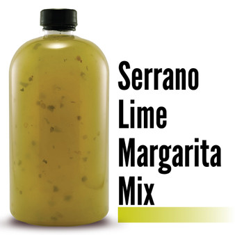 Image displaying the Branded Sauces' Serrano Lime Margarita Mix bottle against a white background, showcasing the product's vibrant color and featuring the product name in the image, but without a label.