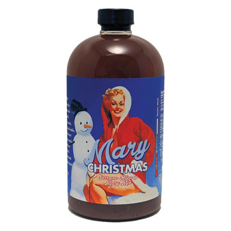 Christmas-themed Bloody Mary mix bottle with festive holiday decorations and snow on the label, perfect for seasonal celebrations and gatherings.