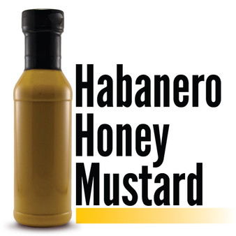 Image displaying the Branded Sauces' Habanero Honey Mustard bottle against a white background, showcasing the product's vibrant color and featuring the product name in the image, but without a label.