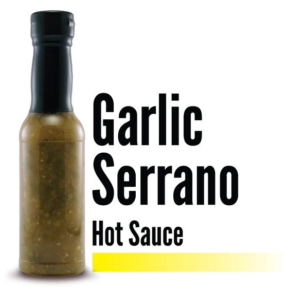 Image displaying the Branded Sauces' Garlic Serrano Hot Sauce bottle against a white background, showcasing the product's vibrant color and featuring the product name in the image, but without a label.