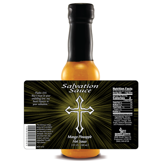 Salvation Sauce Mango Pineapple Hot Sauce showcases its divine label design, featuring rich biblical themes and a prominent Bible verse. The bottle stands boldly against a crisp white background, highlighting every captivating detail.