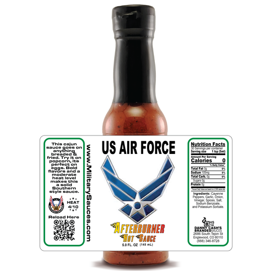 Image presenting the Military Sauces - US Air Force - Afterburner Hot Sauce bottle on a white background with a superimposed label, showcasing every aspect of the label design, emphasizing the unique Beer Mustard Wing Sauce tailored for military organizations.