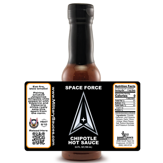 Image presenting the Military Sauces Space Force bottle on a black background with a superimposed label, showcasing every aspect of the label design.